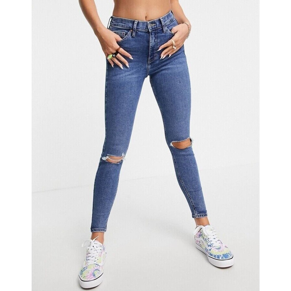 Topshop Jamie Ripped Ankle Skinny Jeans W25 Womens High Rise Medium‎ Wash Denim